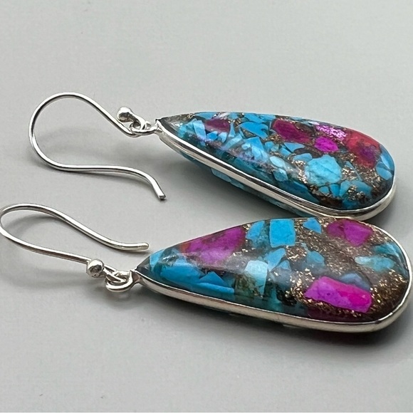 New Sim Blue Turquoise and Fuchsia Spiny Oyster Acrylic Silver Overlay Earrings - Picture 7 of 7